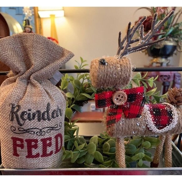 Christmas Reindeer Feed Sack Buffalo Check Set Rustic Farmhouse Holiday Decor - Picture 1 of 11